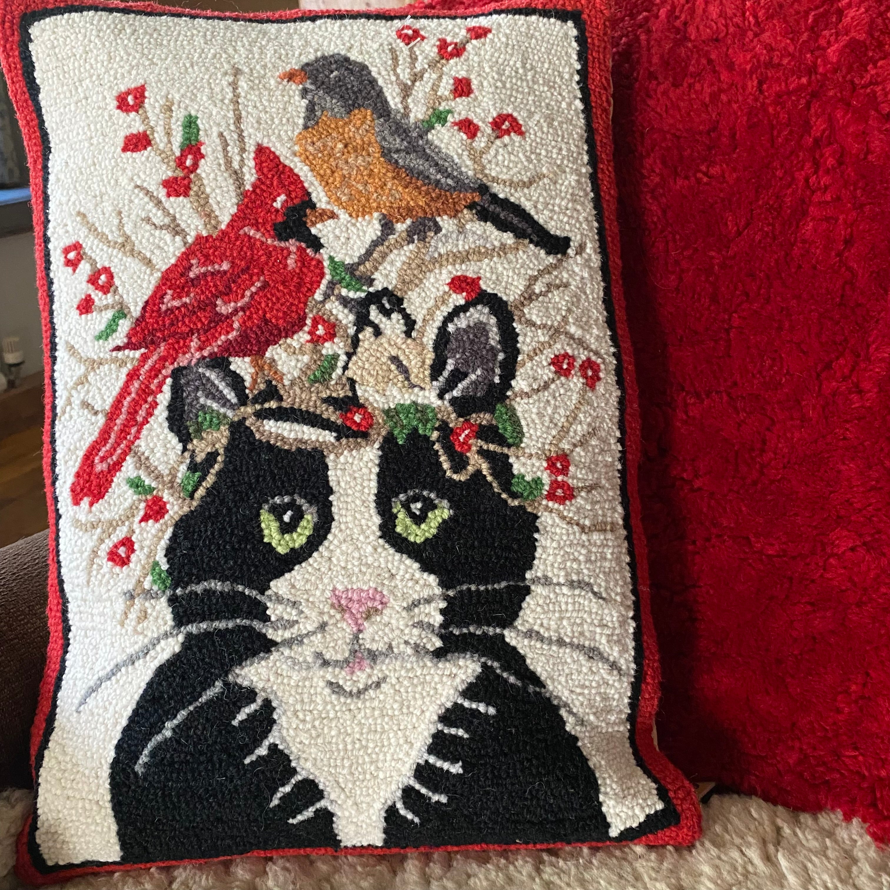 'Cat with Birds Hooked Wool Cushion'