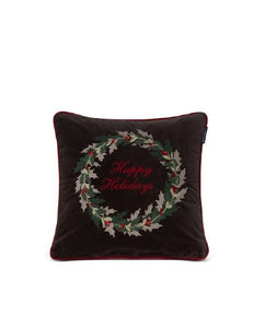 'Lexington Holly Wreath Embroidered Cotton Velvet Cushion'