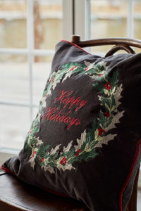 'Lexington Holly Wreath Embroidered Cotton Velvet Cushion'